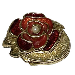 Bob Mackie EMPTY Compact Solid Trinket Box Brushed Gold Red Rose Enamel Signed